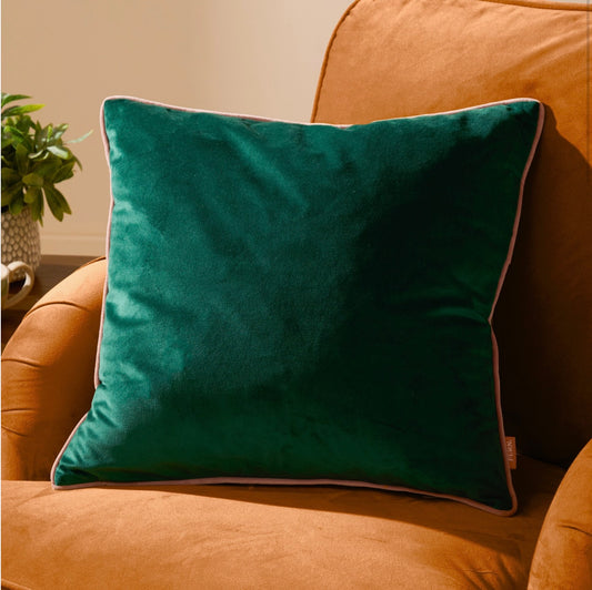 Velvet cushion - Emerald with blush trim 55cm x 55cm